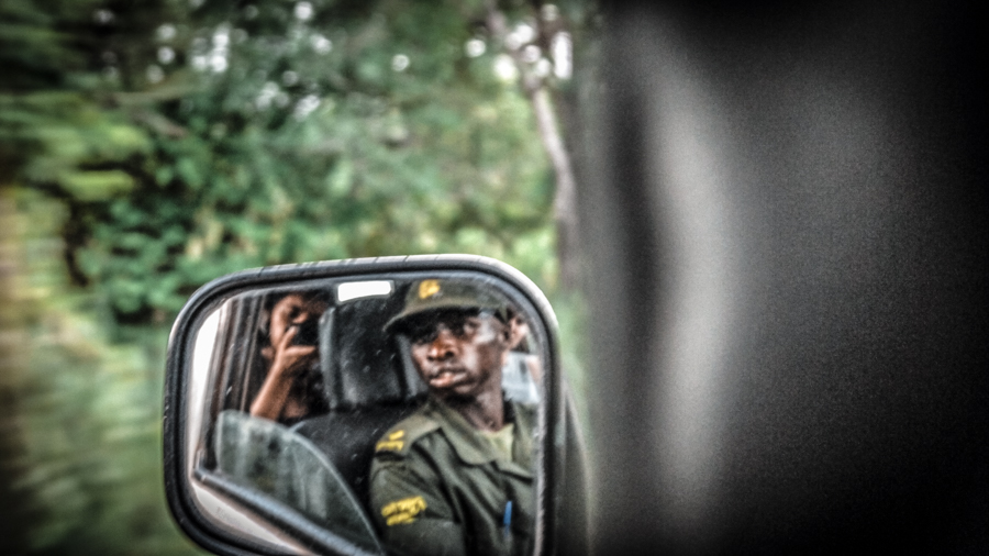 In the car with a ranger during my visit to Ziwa Rhino sanctuary in Uganda